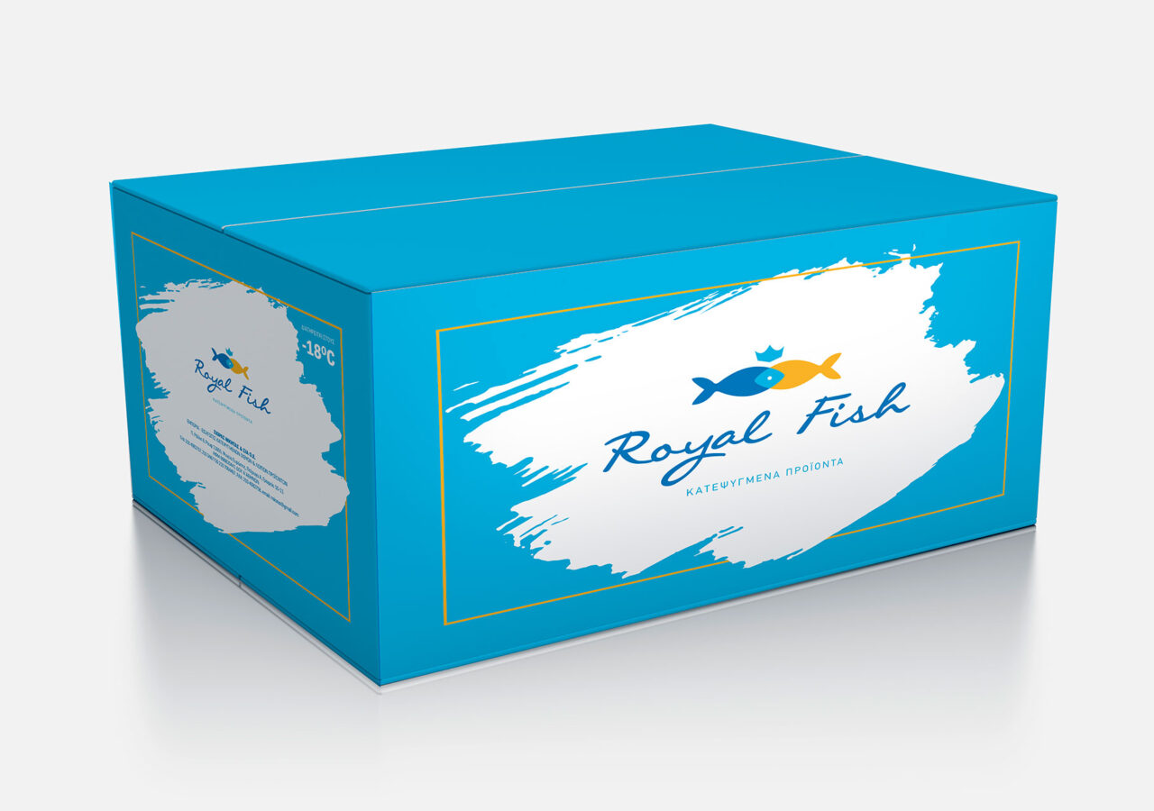 Cardboard Royal Fish Σχεδιασμός Συσκευασίας Χαρτοκιβωτίου Θαλασσινών, Σχεδιασμός Ετικέτας Προϊόντος, Ετικέτες Τροφίμων, Σχεδιασμός ετικέτας