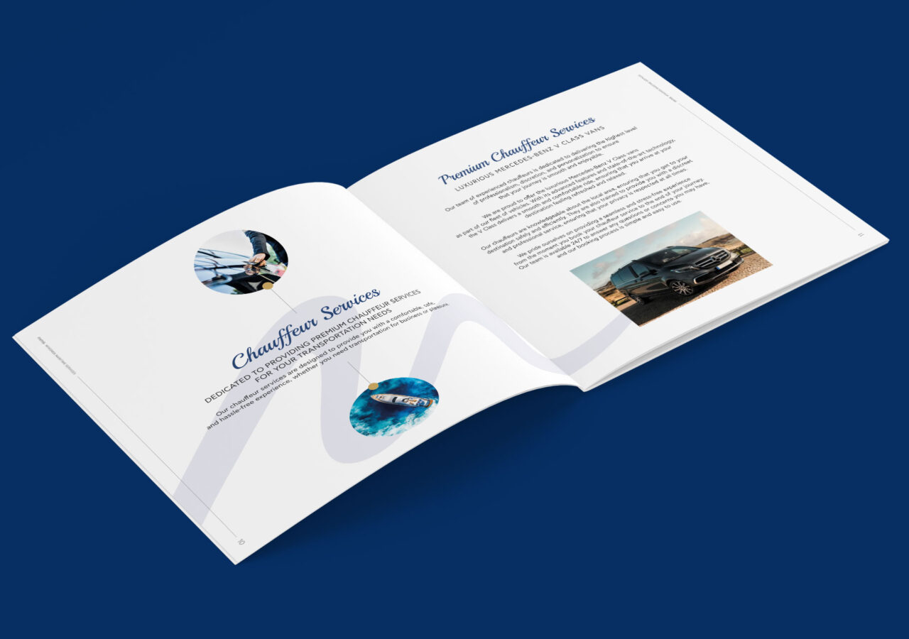 Brochure MMS Services. Δίπτυχο έντυπο υπηρεσιών MMS που περιλαμβάνει πληροφορίες για τις υπηρεσίες σοφέρ και premium σοφέρ, με επαγγελματικές φωτογραφίες και πολυτελή οχήματα, τοποθετημένο σε μπλε φόντο.