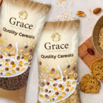 Φωτογραφία της συσκευασίας "Grace Cereals Packaging" που δημιούργησε η OCTO adv, παρουσιάζοντας κομψό σχεδιασμό και υγιεινά δημητριακά, τοποθετημένα δίπλα σε μπολ με βρόμη και ξηρούς καρπούς.