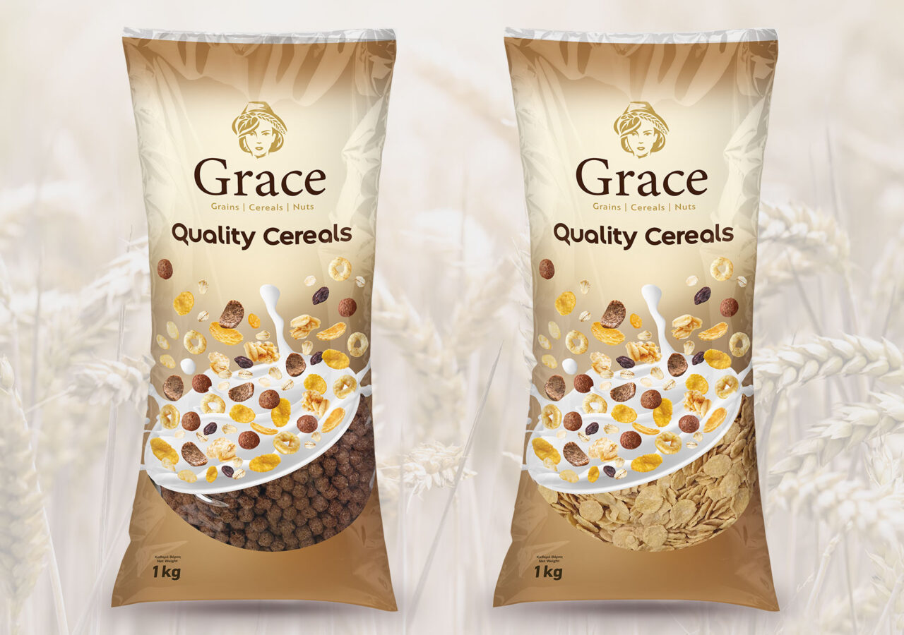 Grace Cereals Packaging Δύο σακούλες Δημητριακών Υψηλής Ποιότητας Grace με σιτηρά, δημητριακά και ξηρούς καρπούς. Eικόνες από κομμάτια δημητριακών να επιπλέουν στο γάλα, υποδηλώνοντας μια θρεπτική και νόστιμη επιλογή για πρωινό.