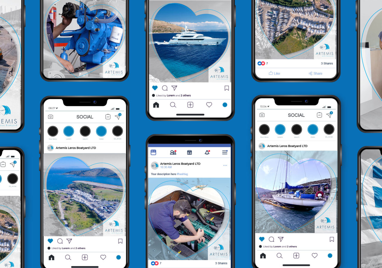 Δείγματα Artemis Social Media Management από την OCTO με σχεδιασμό posts για ναυπηγείο και θαλάσσιο περιβάλλον.