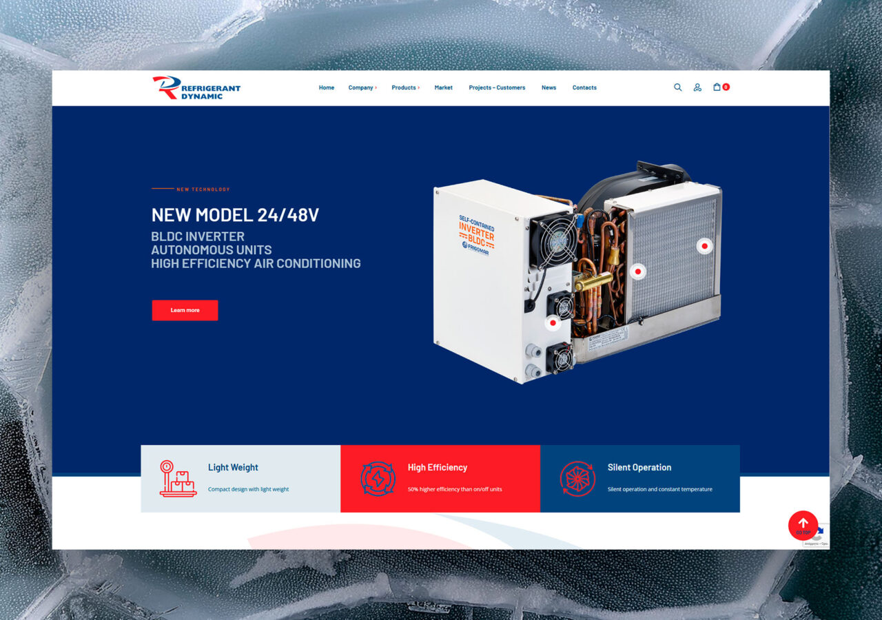 Στο Website Refrigerant Dynamic παρουσιάζεται το μοντέλο 24/48V BLCD Inverter σε μπλε και κόκκινα χρώματα