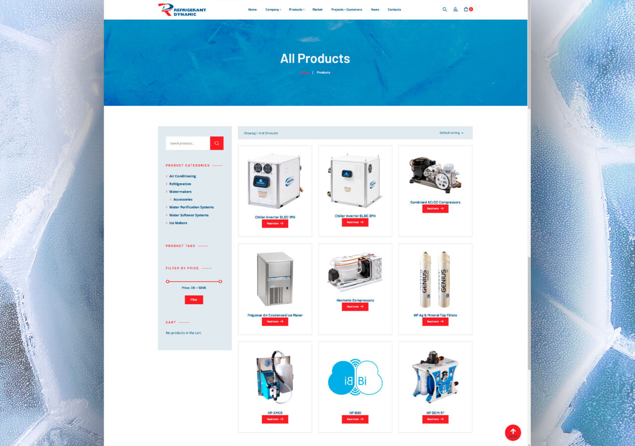 Στο Website Refrigerant Dynamic παρουσιάζεται η σελίδα με όλα τα προϊόντα, αριστερά εμφανίζεται η Sidebar με τις κατηγορίες των προϊόντων