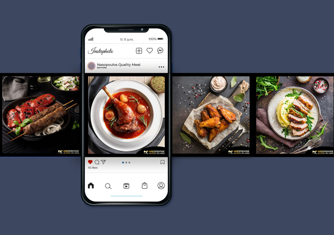 Smartphone με ανάρτηση Instagram του Nasopoulos Social Media Management και γαστρονομικές φωτογραφίες από ζουμερά κρεατικά
