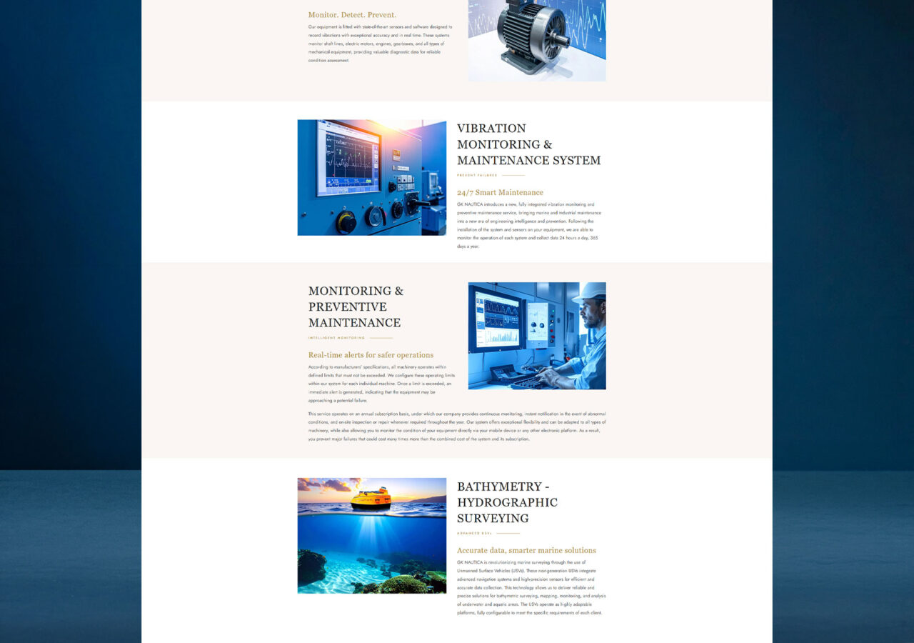 GK Nautica corporate website Our Services page designed and developed by OCTO adv