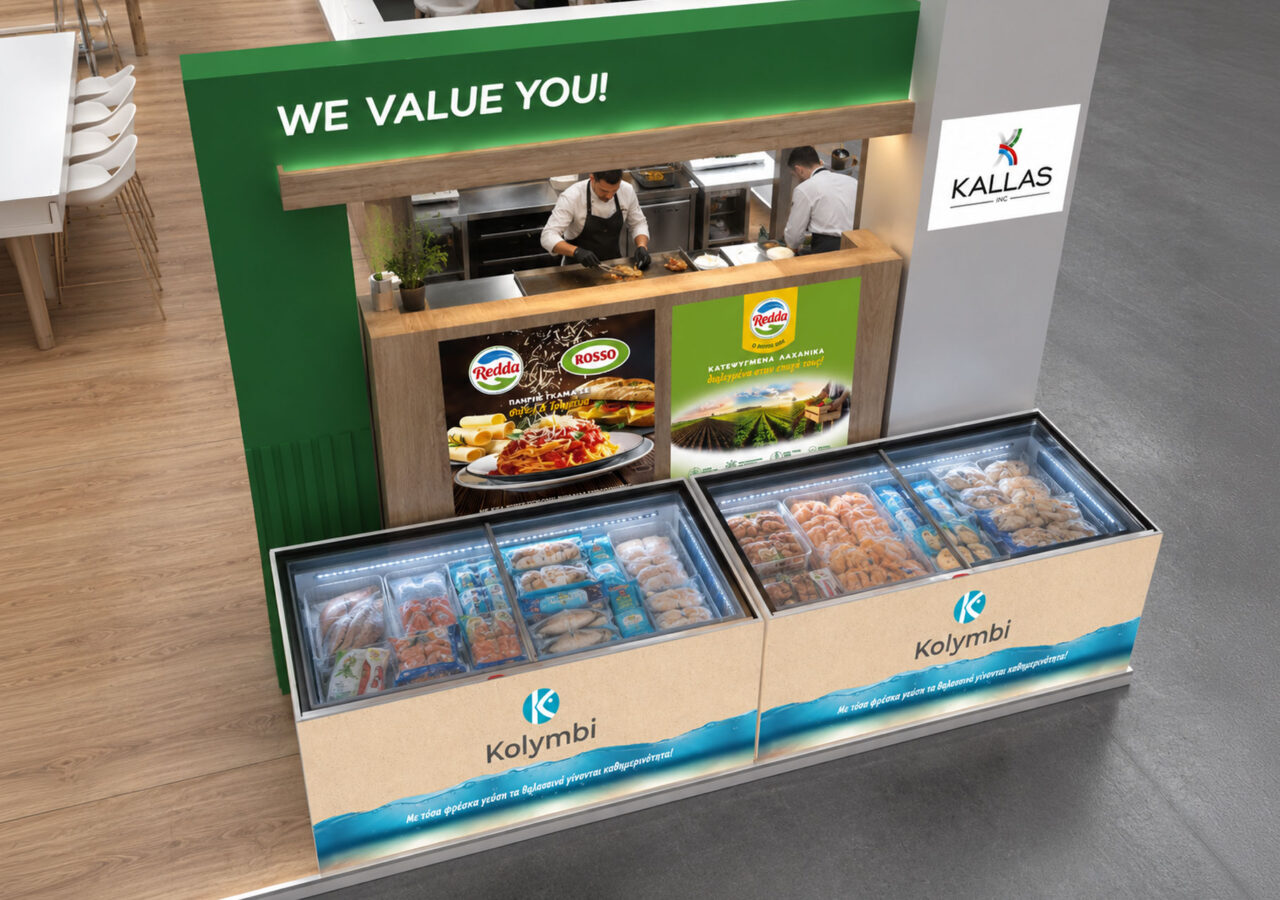 Artworks for Kallas Food Expo Exhibition Stand. Σχεδιασμός καταψυκτών με το brand Kolymbi