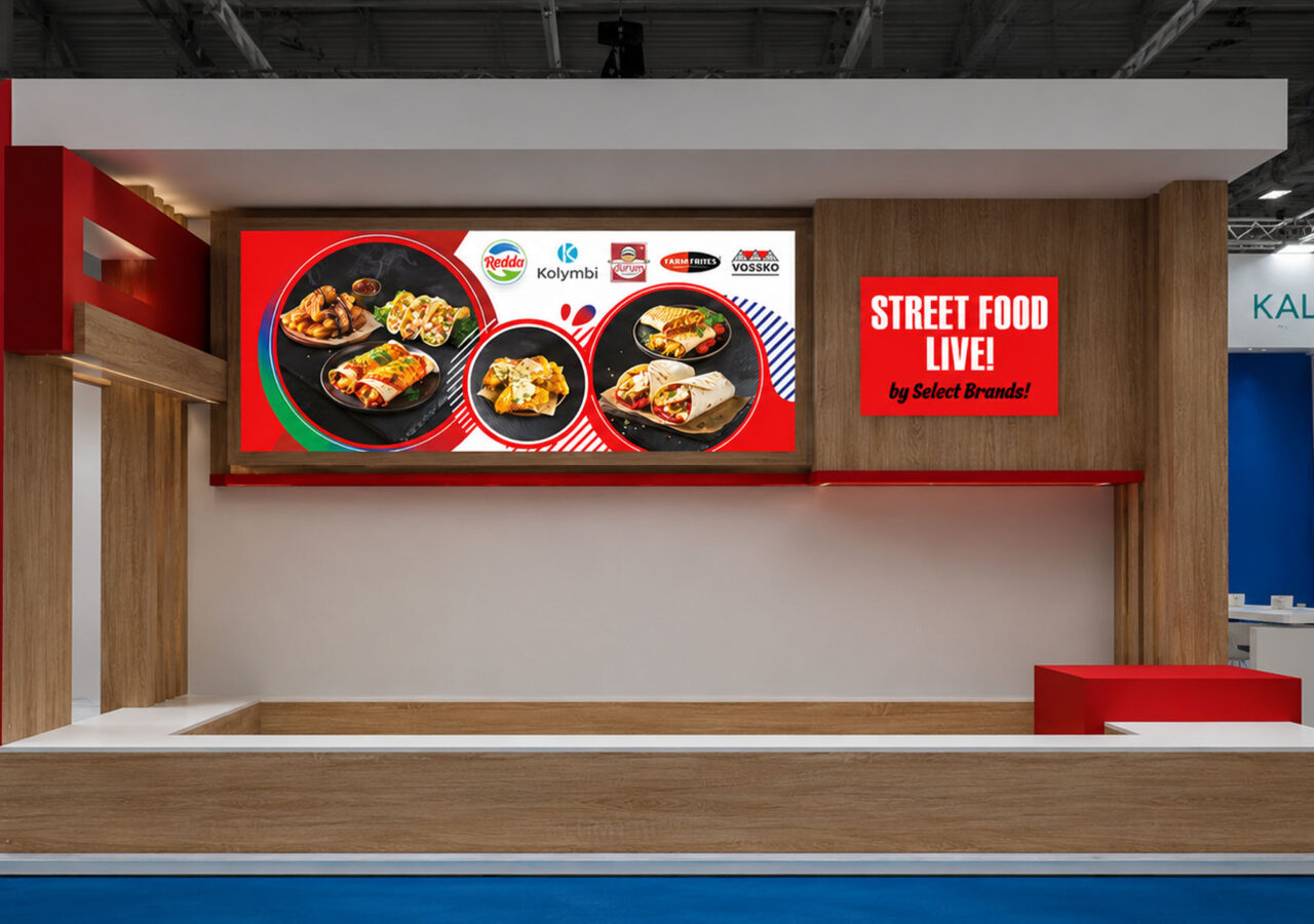 Artworks for Kallas Food Expo Exhibition Stand. Street food live σε κόκκινα και έντονα χρώματα